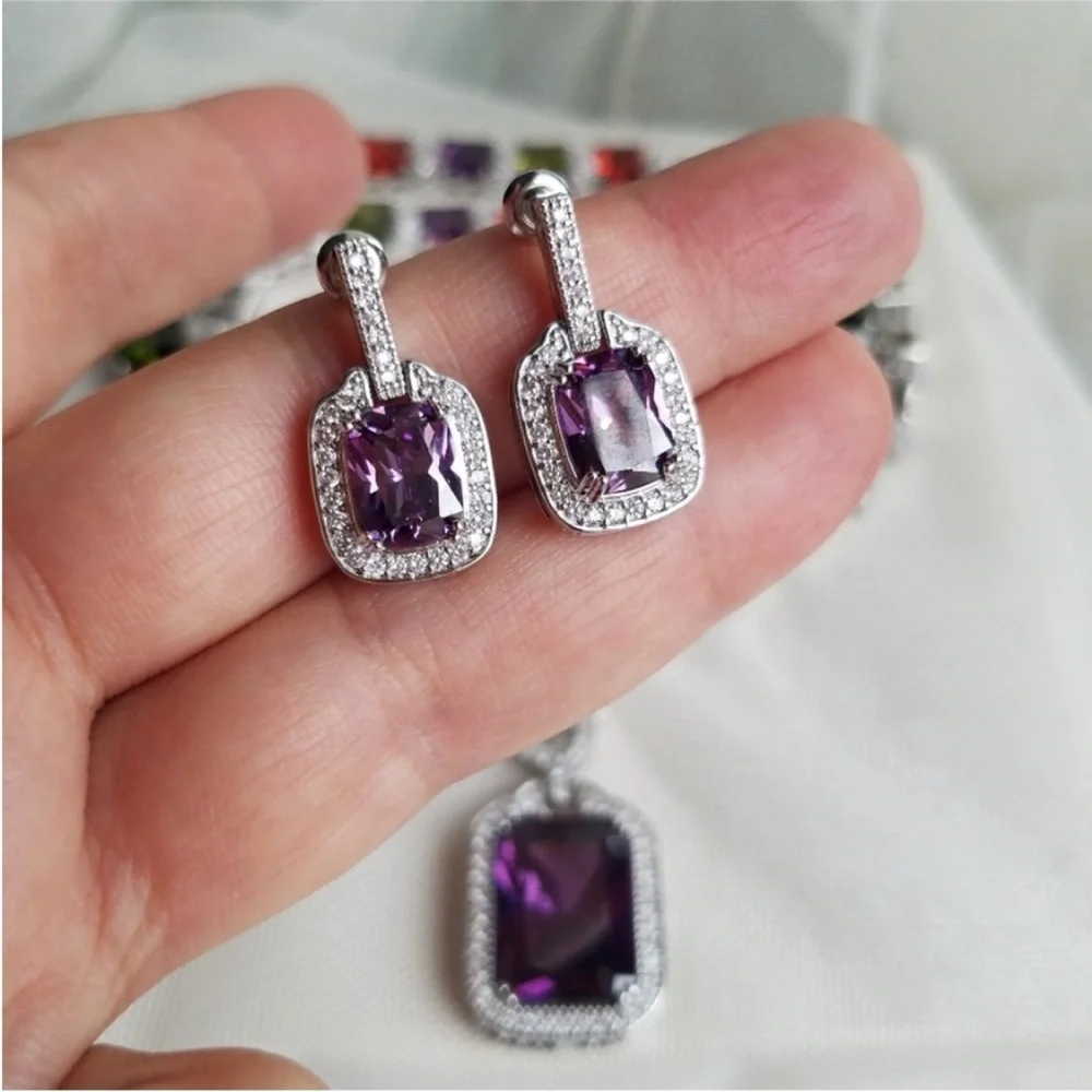 Swarovski Elements Amethyst Purple Emerald-cut Halo Earrings NEW - Picture 11 of 14